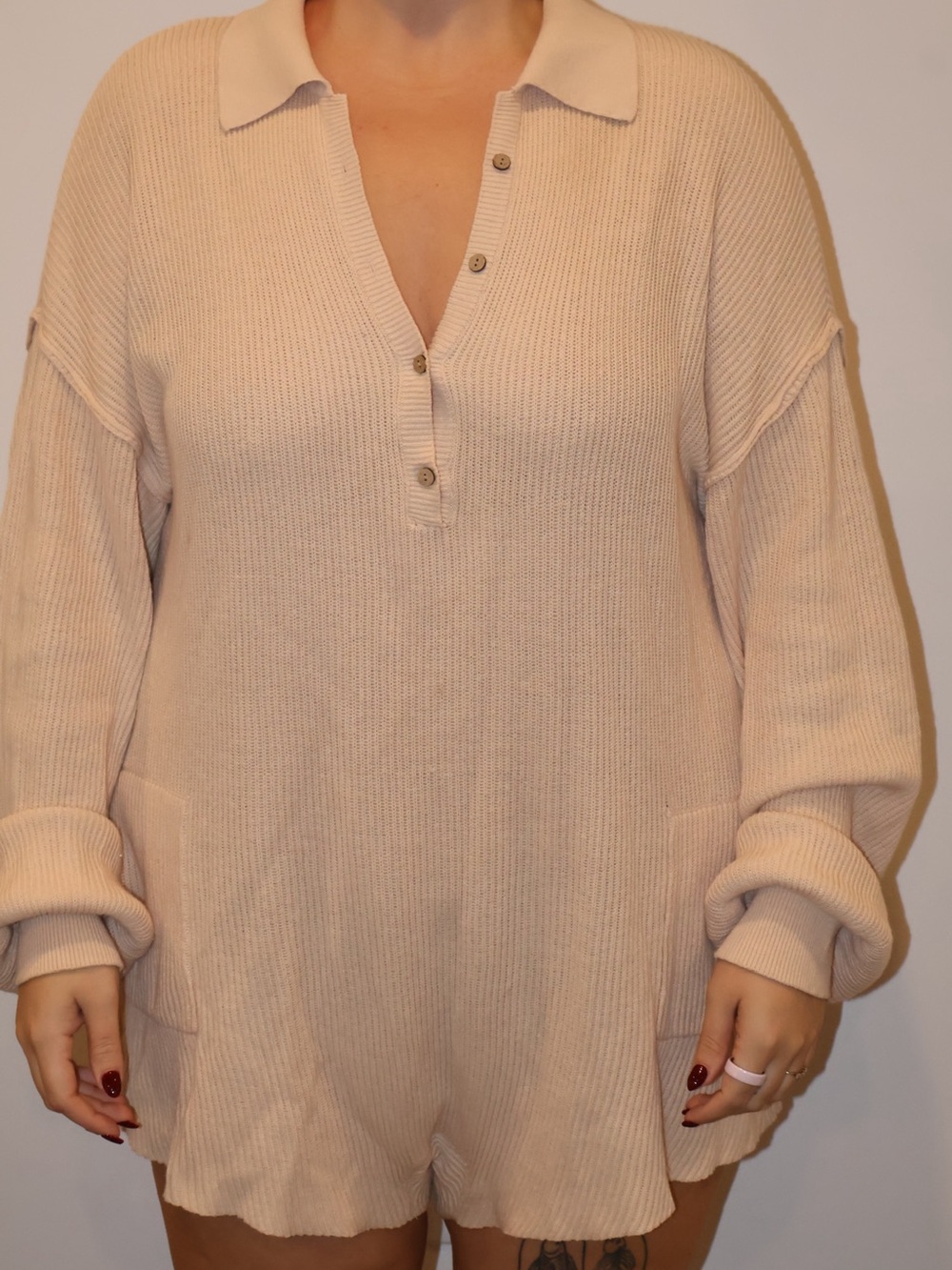Free People Beach Relaxed Cream V‑Neck Collared Knit Romper